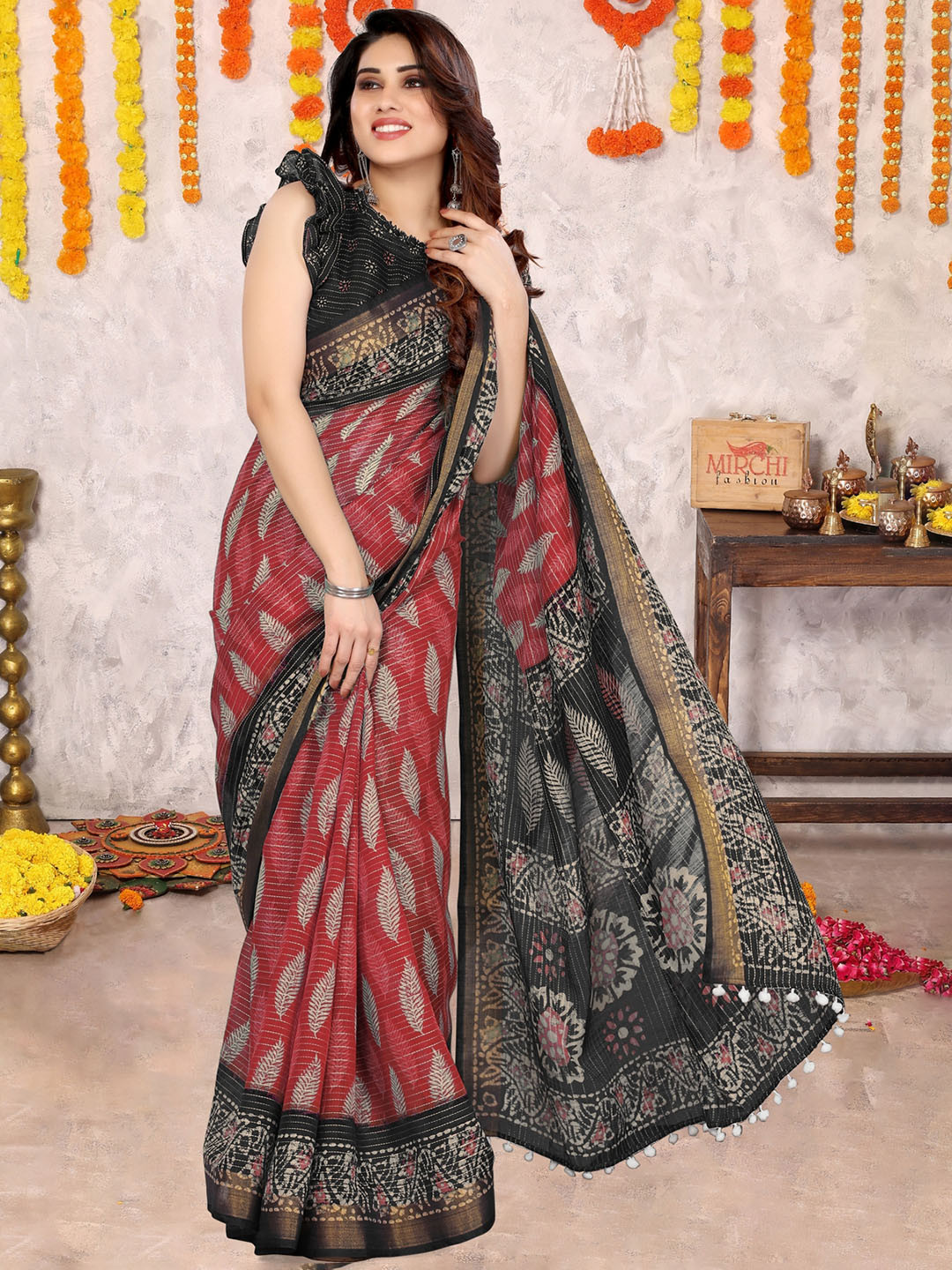 KALINI Red & Black Floral Zari Block Print Cotton Saree