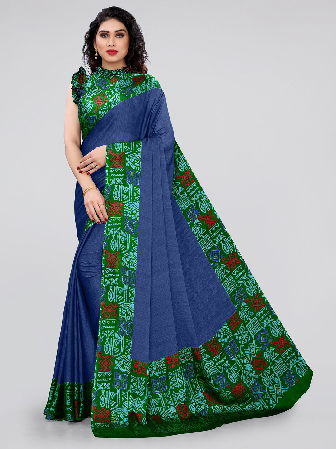 KALINI Blue & Green Batik Poly Chiffon Saree