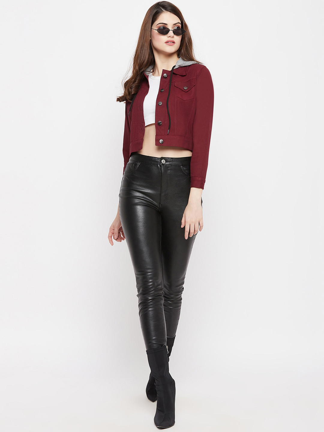 Uptownie Lite Women Maroon & Grey Crop Hooded Denim Jacket