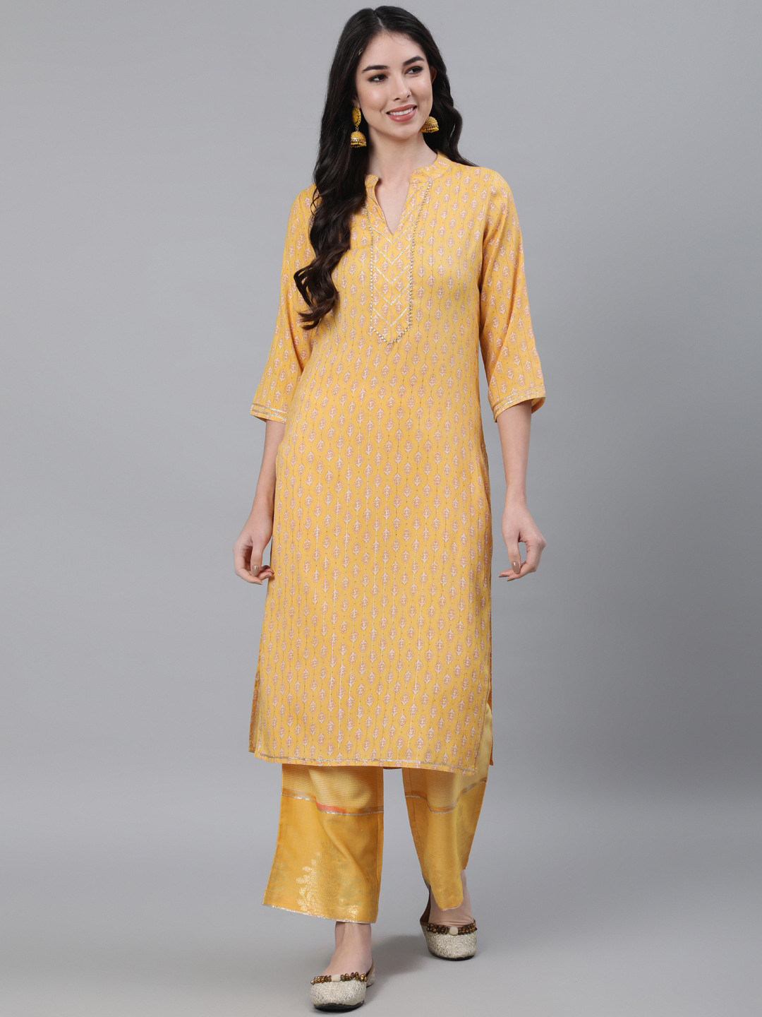 Jaipur Kurti Women Mustard Yellow Ethnic Motifs Printed Gotta Patti Kurta with Palazzos