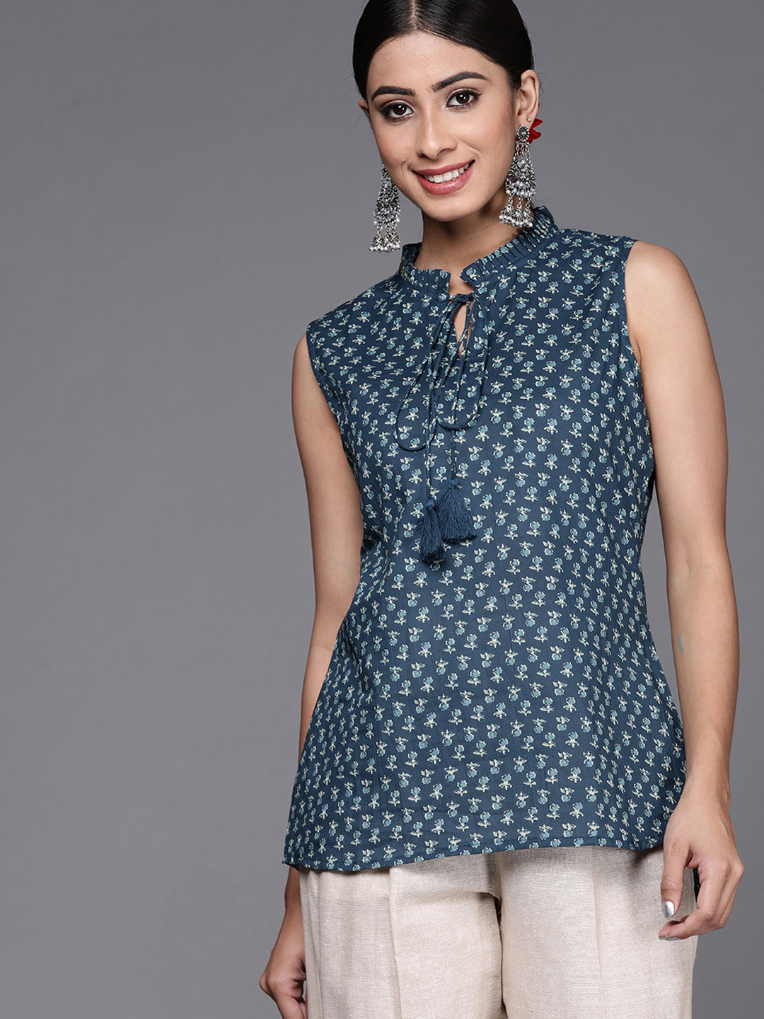 Indo Era Blue Floral Print Mandarin Collar Top