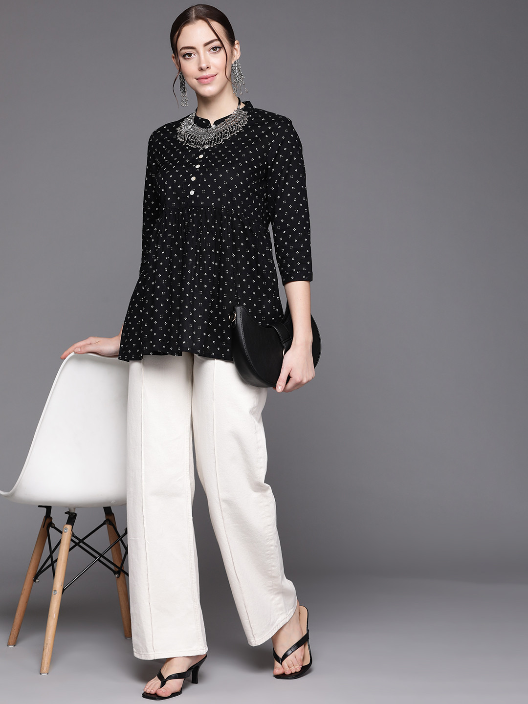 Indo Era Black Geometric Print Mandarin Collar Peplum Top