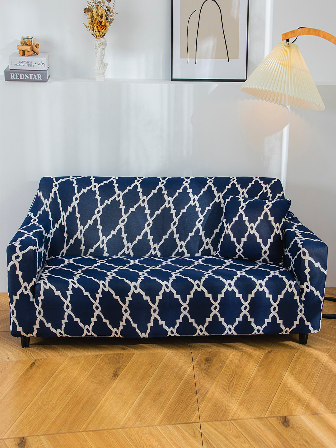 HOUSE OF QUIRK Navy Blue Printed 1-Seater Stretchable Non-Slip Sofa Slipcover