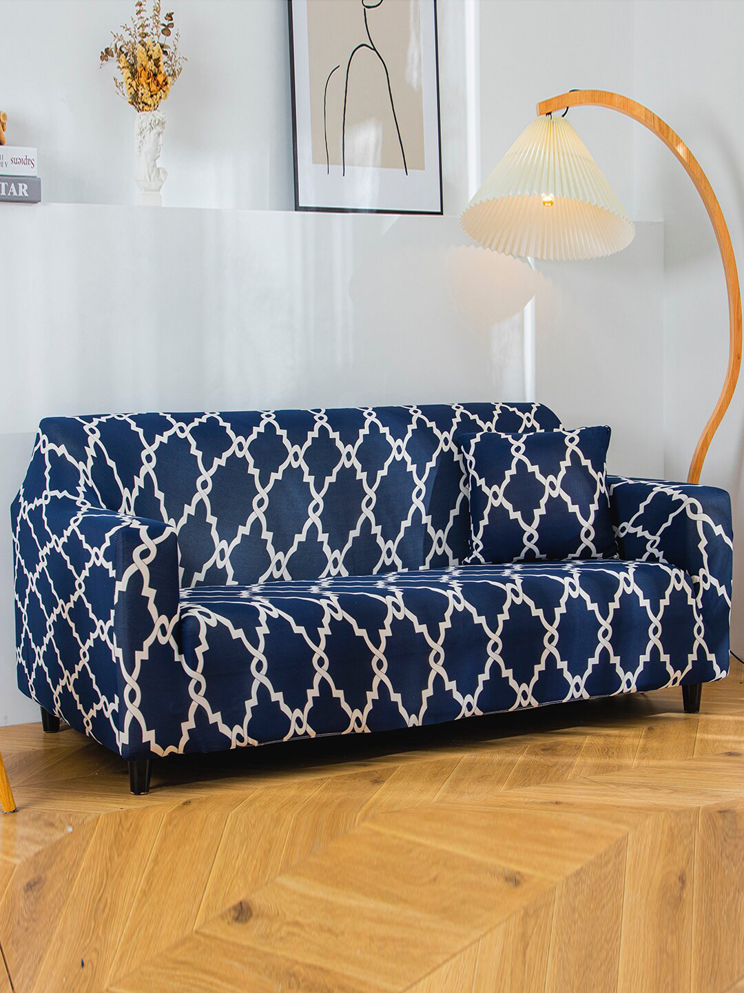 HOUSE OF QUIRK Navy Blue Lantern 2-Seater Stretchable Sofa Cover