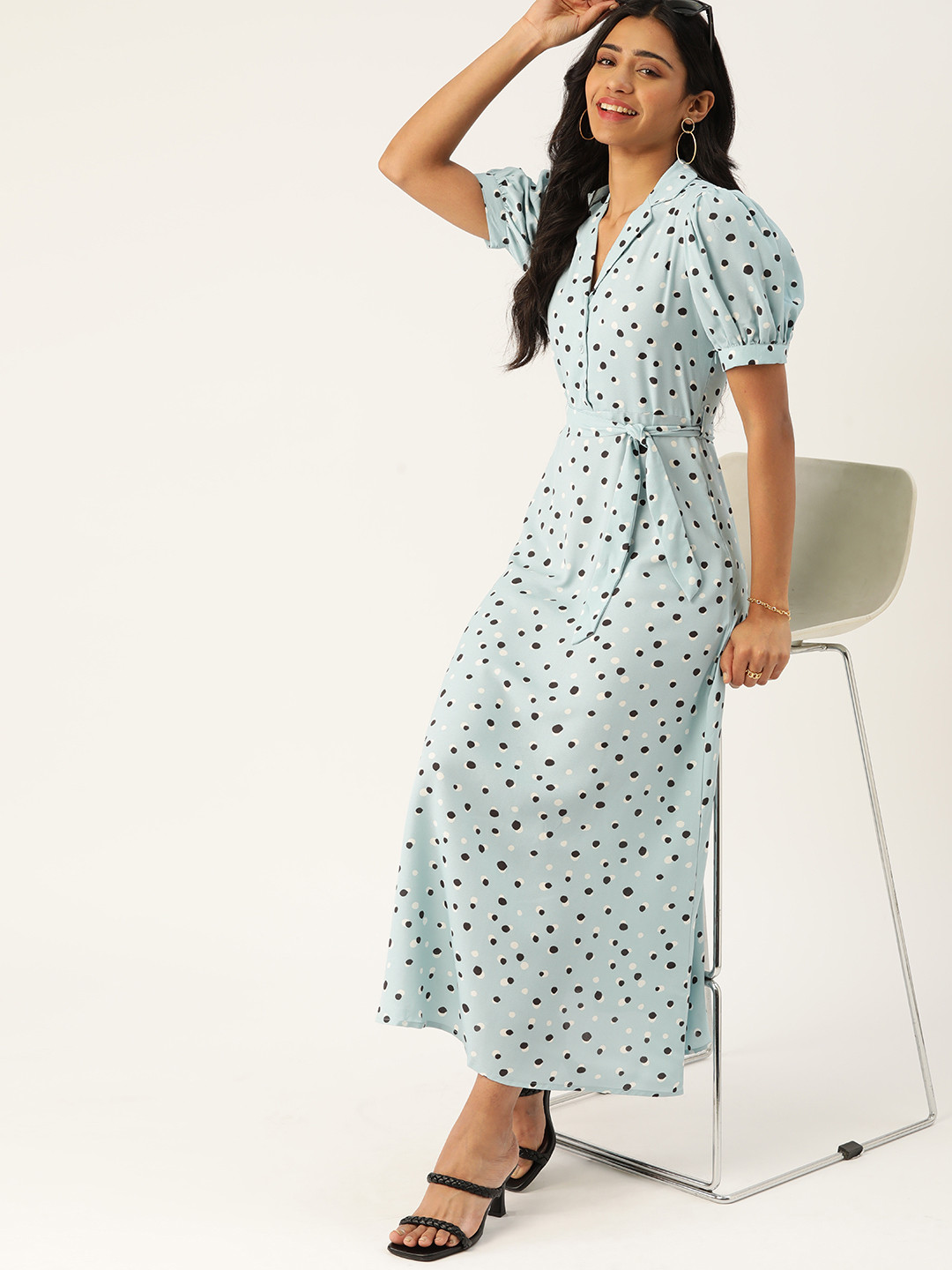 DressBerry Blue & Black Polka Dots Print Maxi Shirt Dress