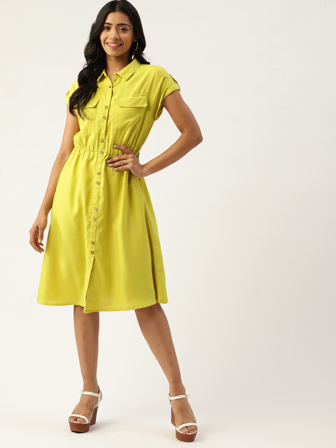 DressBerry Women Lime Green Solid Shirt Dress