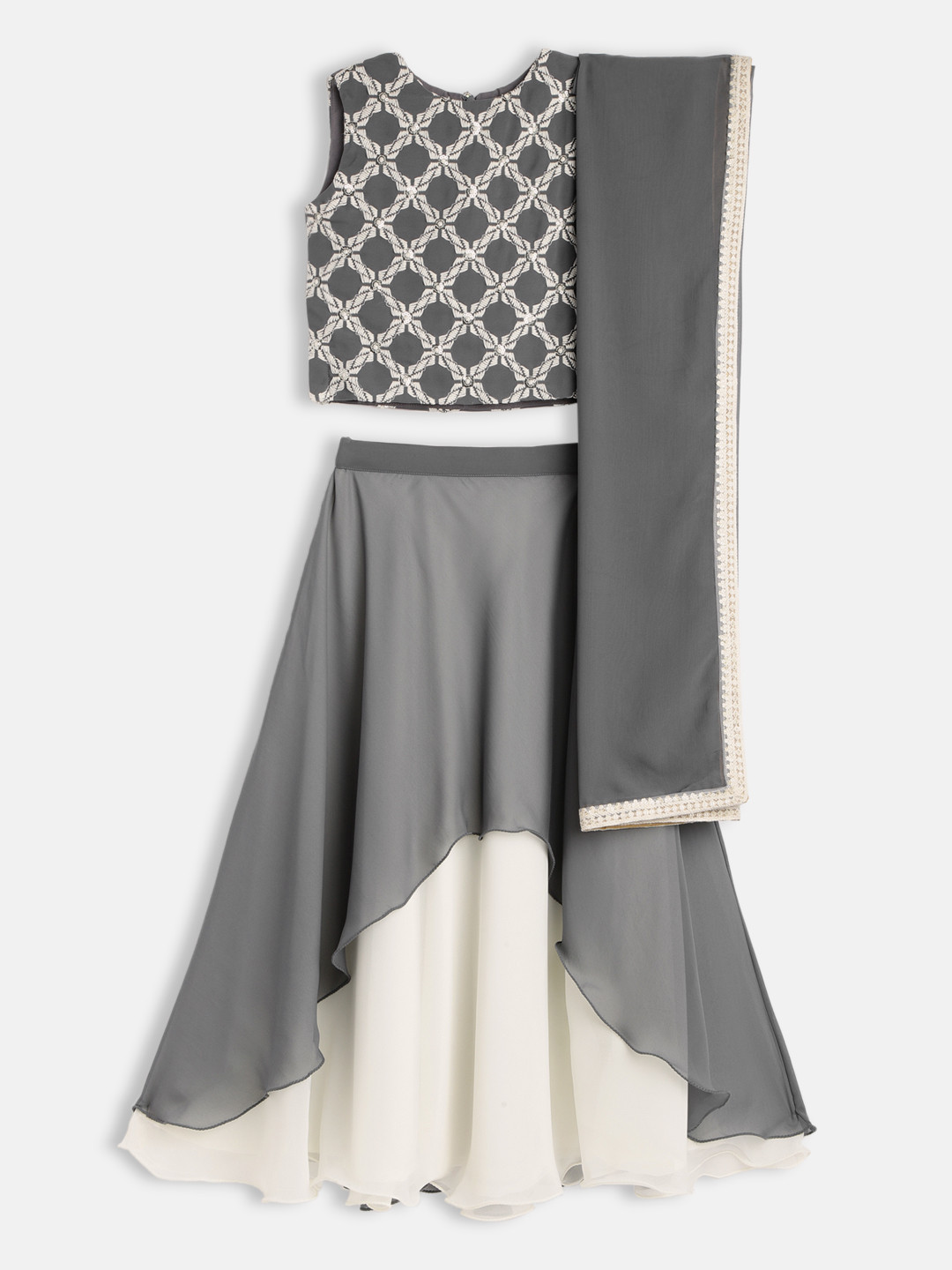Ethnovog Girls Grey  White Embroidered Thread Work Made to Measure Lehenga  Blouse With Dupatta