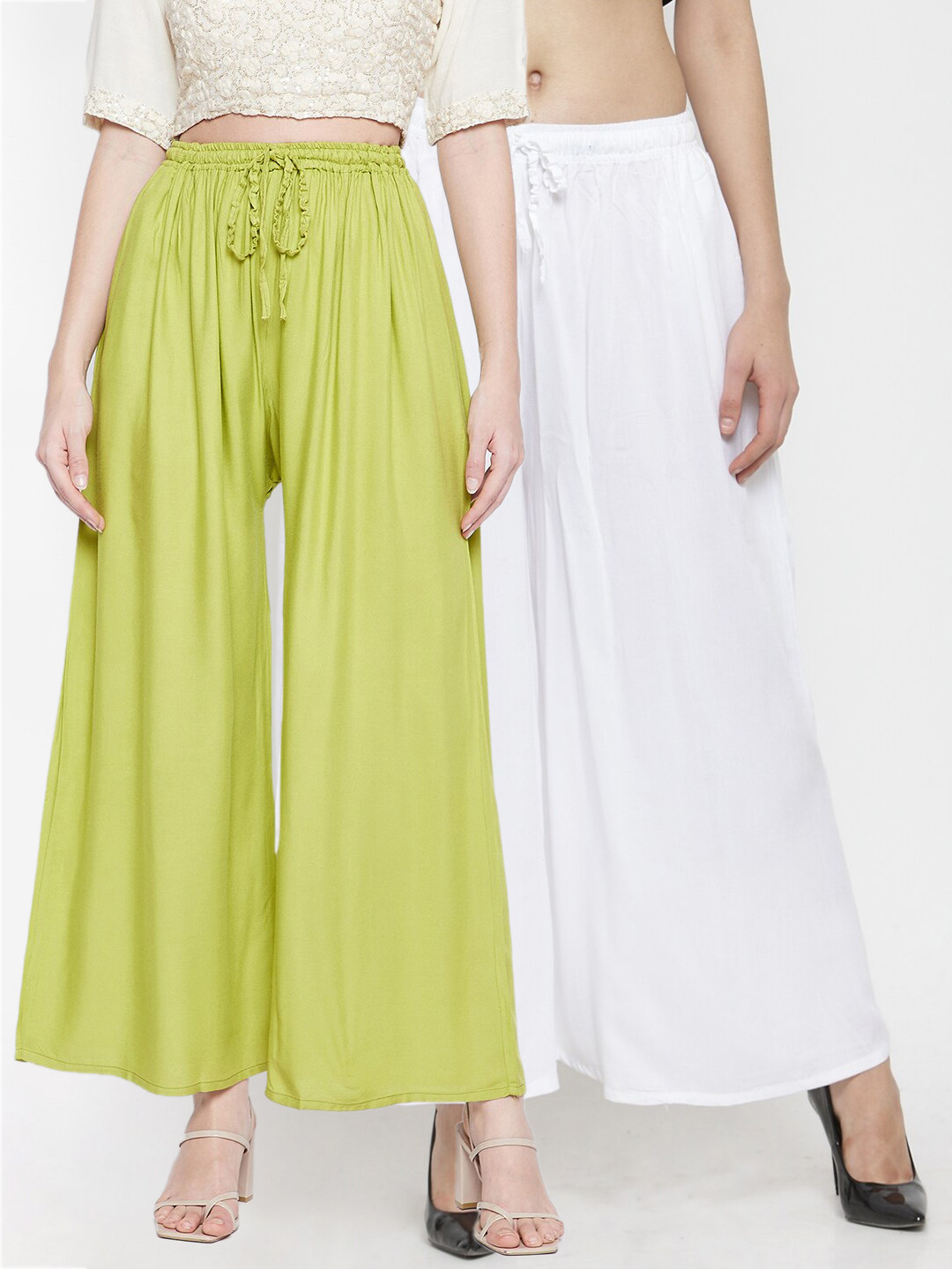 Clora Creation Women White & Green Set of 2 Flared Knitted Palazzos