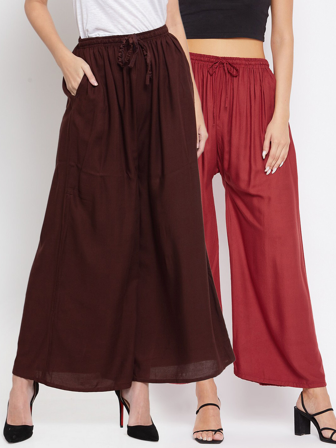Clora Creation Women Brown & Maroon Pack of 2 Flared Knitted Palazzos