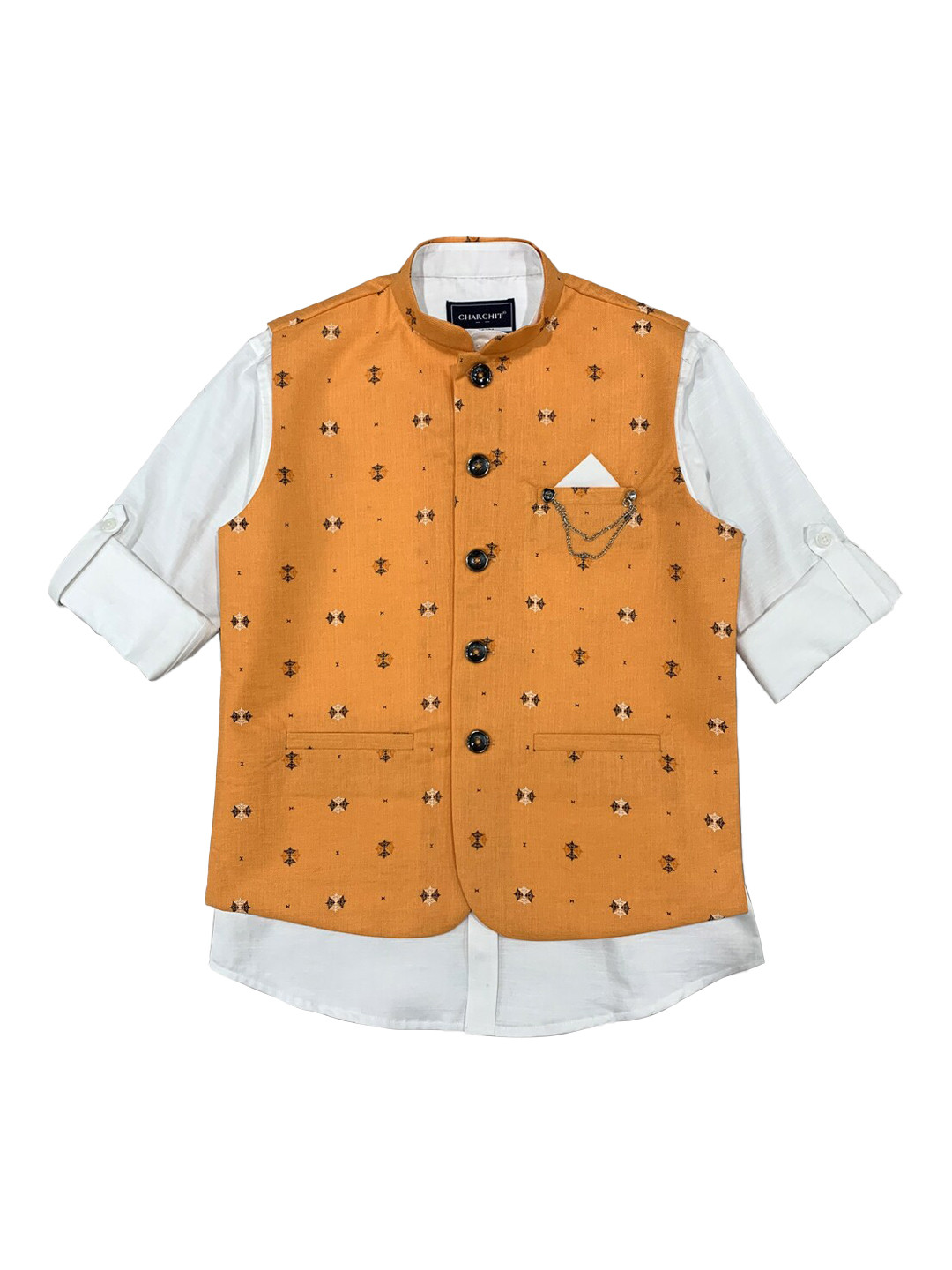 CHARCHIT Boys Orange Printed Nehru Jacket