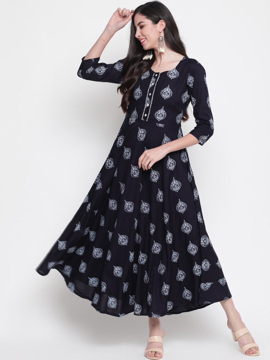 GLAM ROOTS Blue Ethnic Motifs Ethnic Maxi Dress