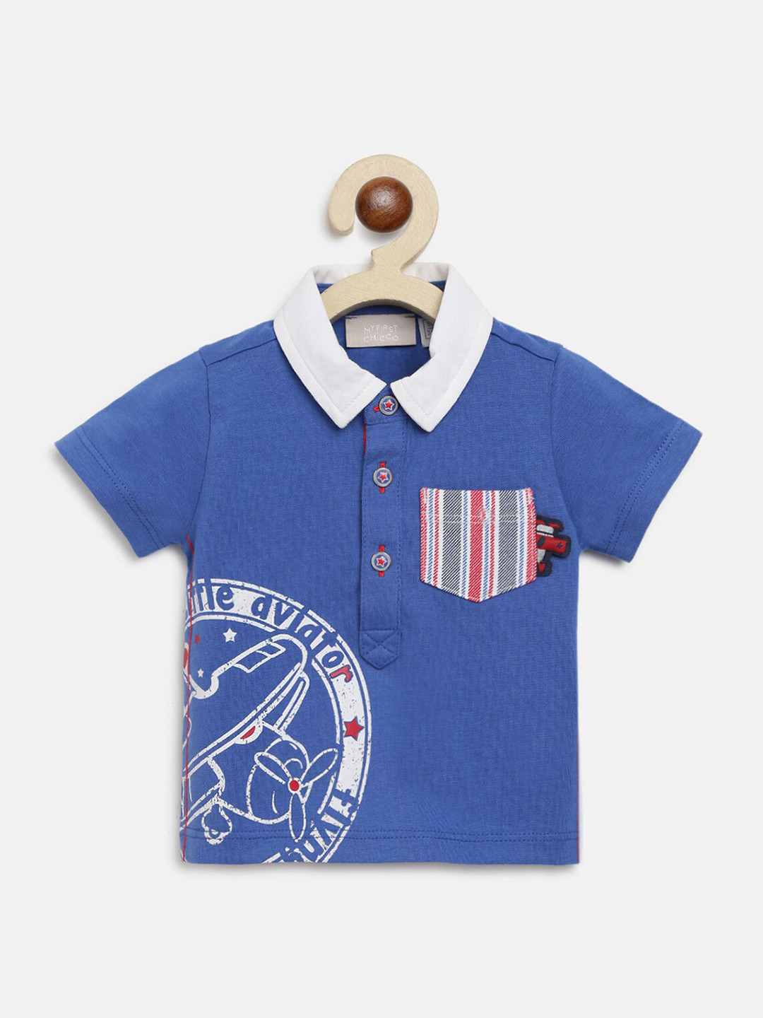 Chicco Boys Blue & White Printed Polo Collar Pure Cotton Pockets T-shirt