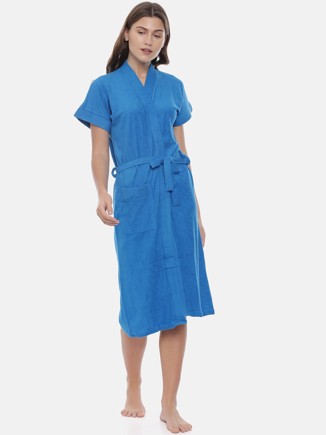 GOLDSTROMS Blue Solid Cotton Drawstring Knee Length Bath Robe