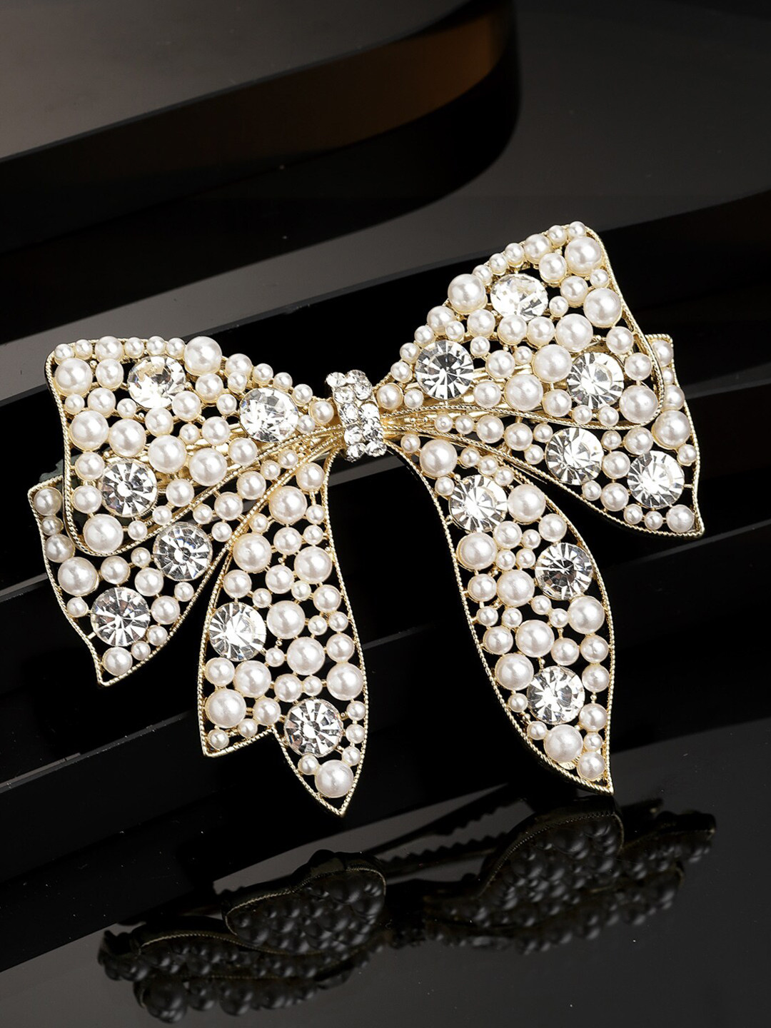 PANASH Women Gold-Toned & White Embellished Bow-Shaped Alligator Hair Clip