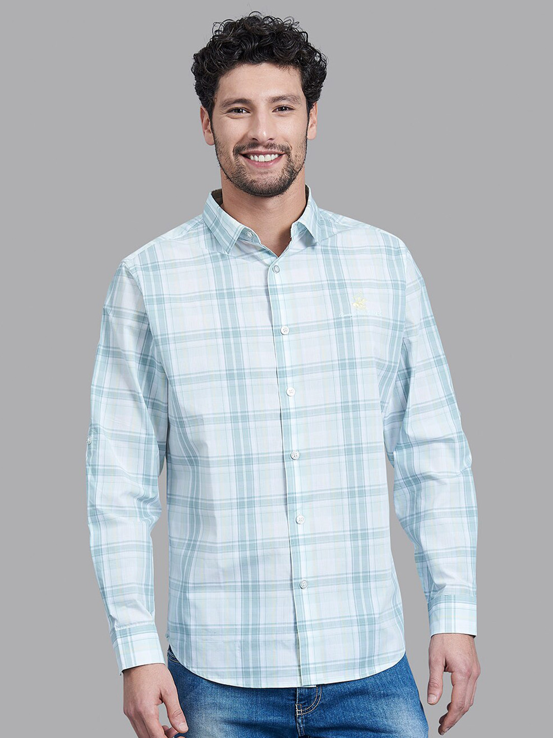 Beverly Hills Polo Club Men Blue Checked Regular Fit Formal Shirt