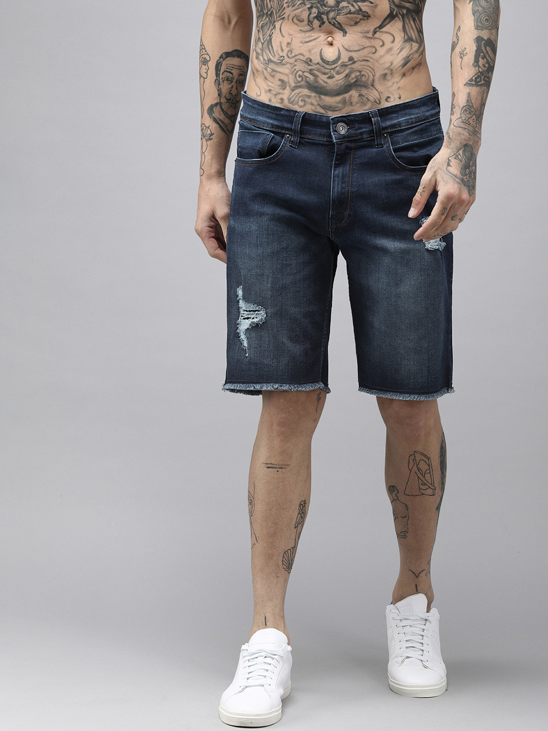 BEAT LONDON by PEPE JEANS Men Blue Washed Distressed Denim Shorts