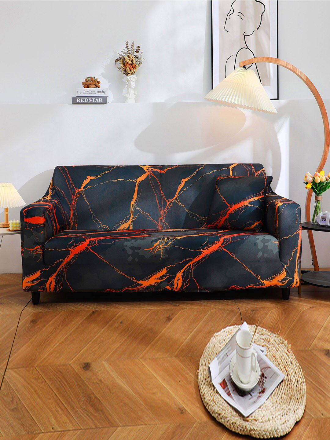 HOUSE OF QUIRK Grey & Orange Printed Single Seater Non-Slip Sofa Cover