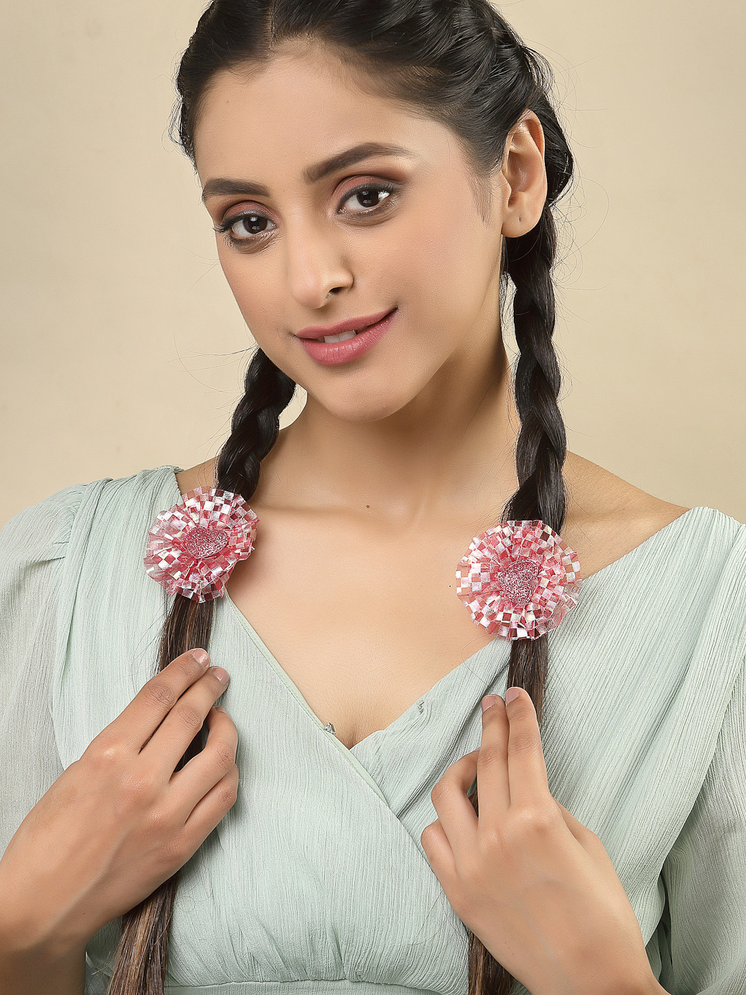 VOGUE PANASH Women Set Of 12 Pink & Maroon Lace Scrunchies