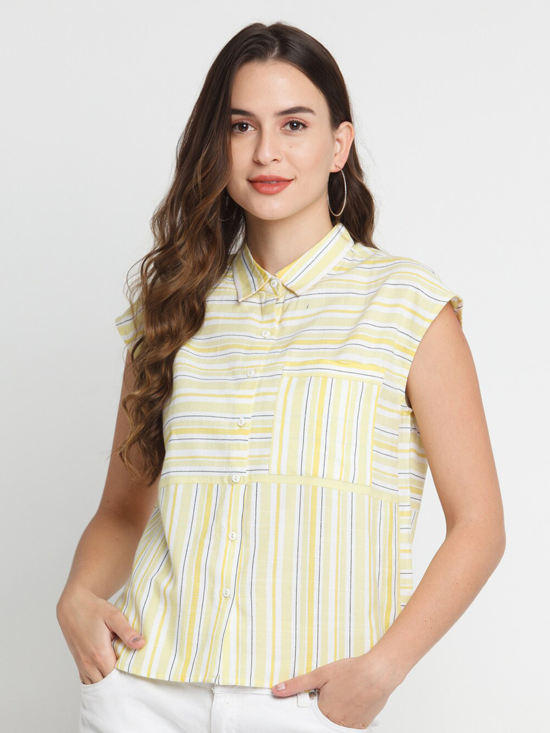 Zink London Women Off-White & Yellow Slim Fit Striped Pure Cotton Casual Shirt