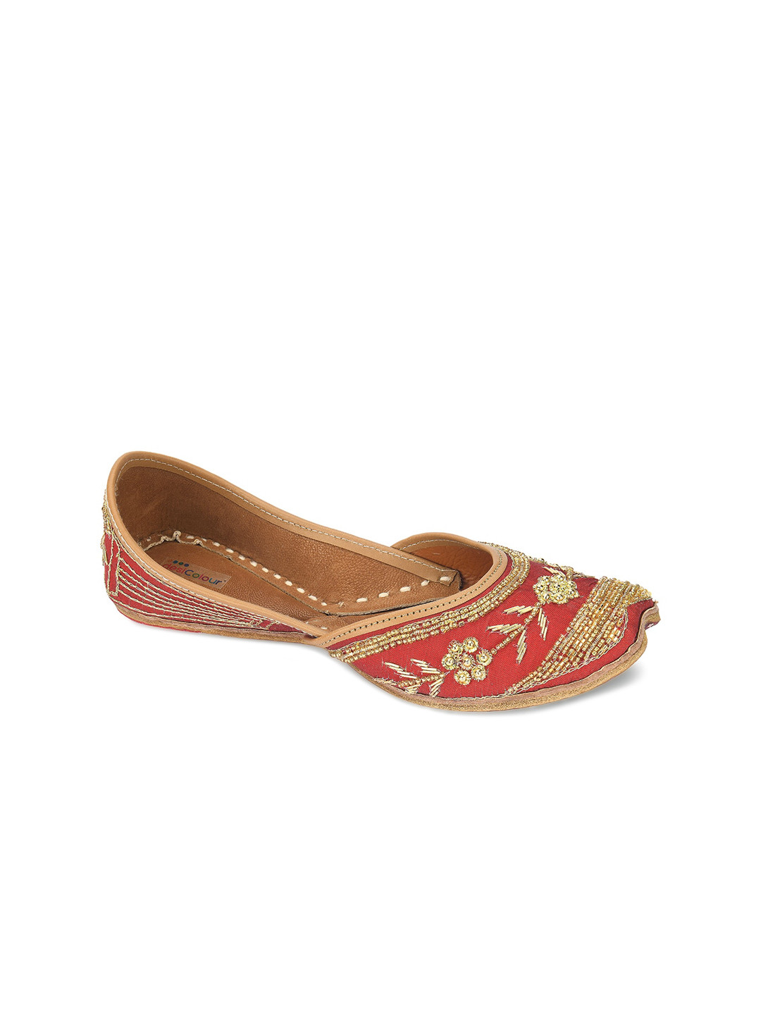 DESI COLOUR Women Maroon Embellished Leather Ethnic Mojaris Flats