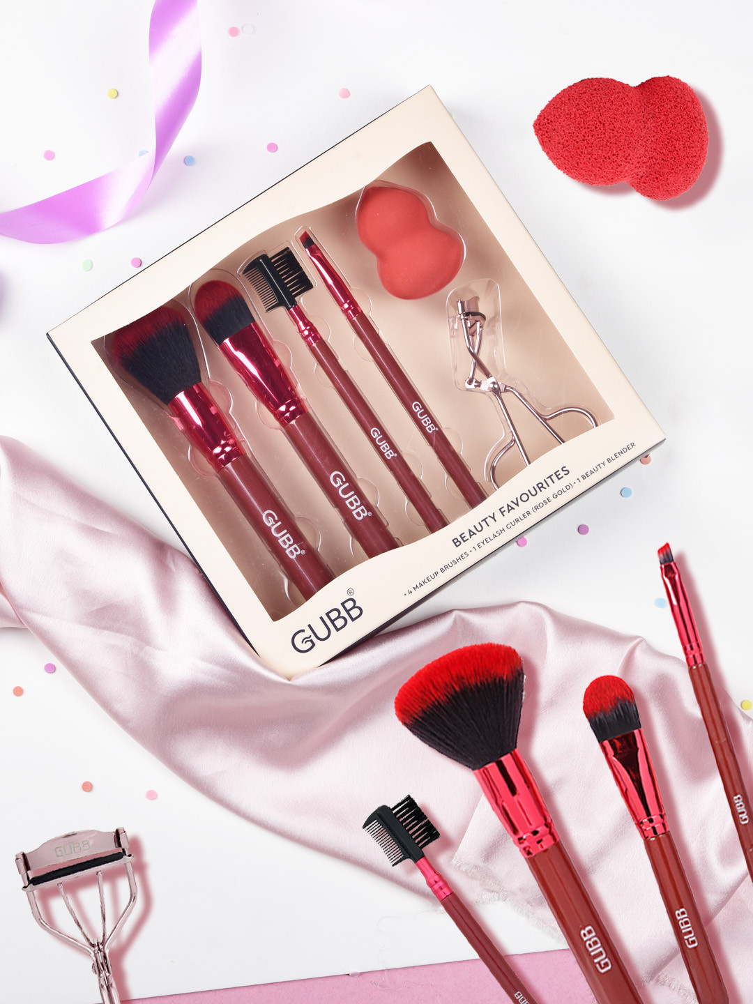 GUBB Pack of 4 Makeup Foundation & Powder Brush with Beauty Blender & Eyelash Curler