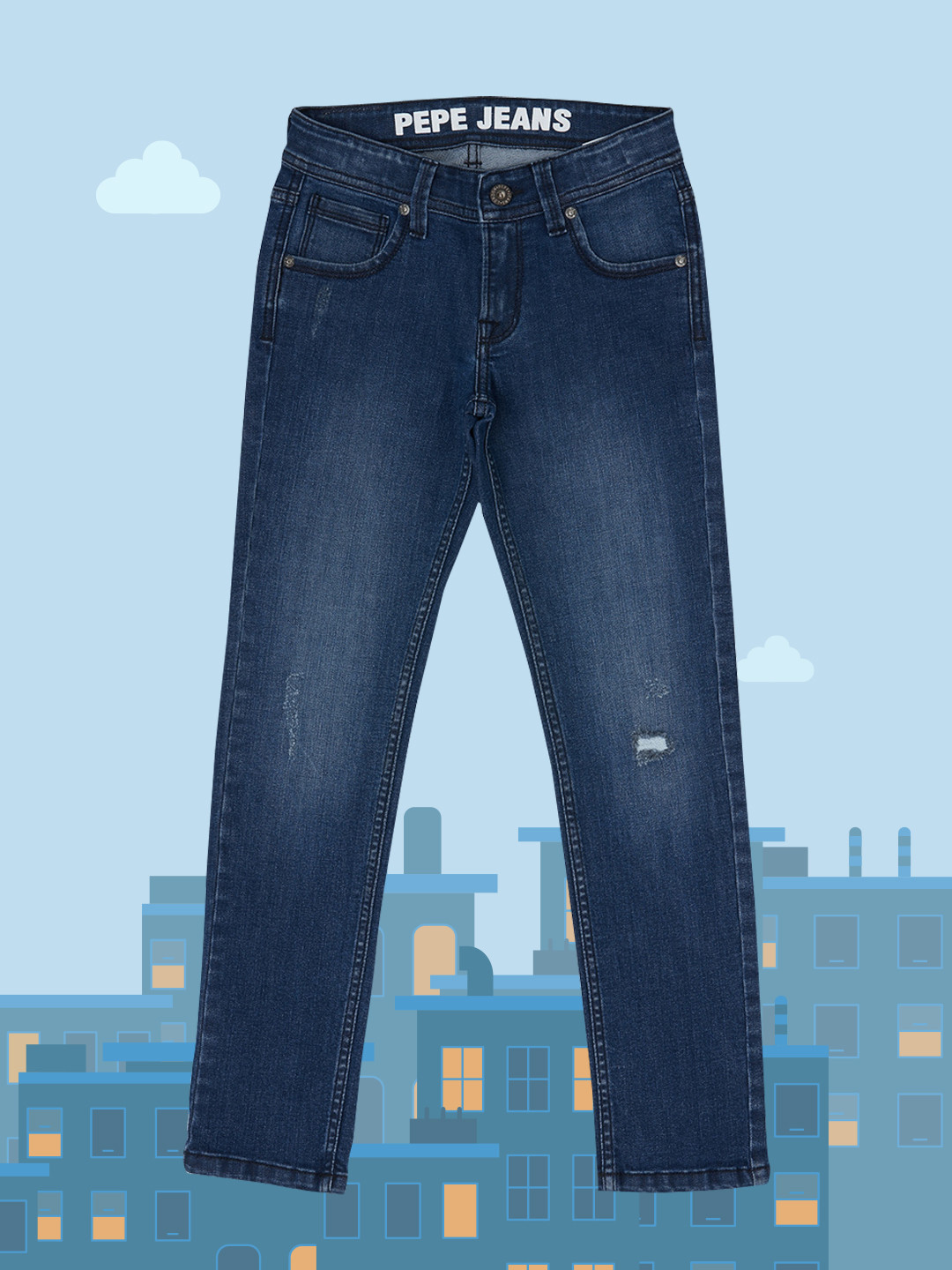 Pepe Jeans Boys Blue Slim Fit Low Distress Light Fade Stretchable Jeans