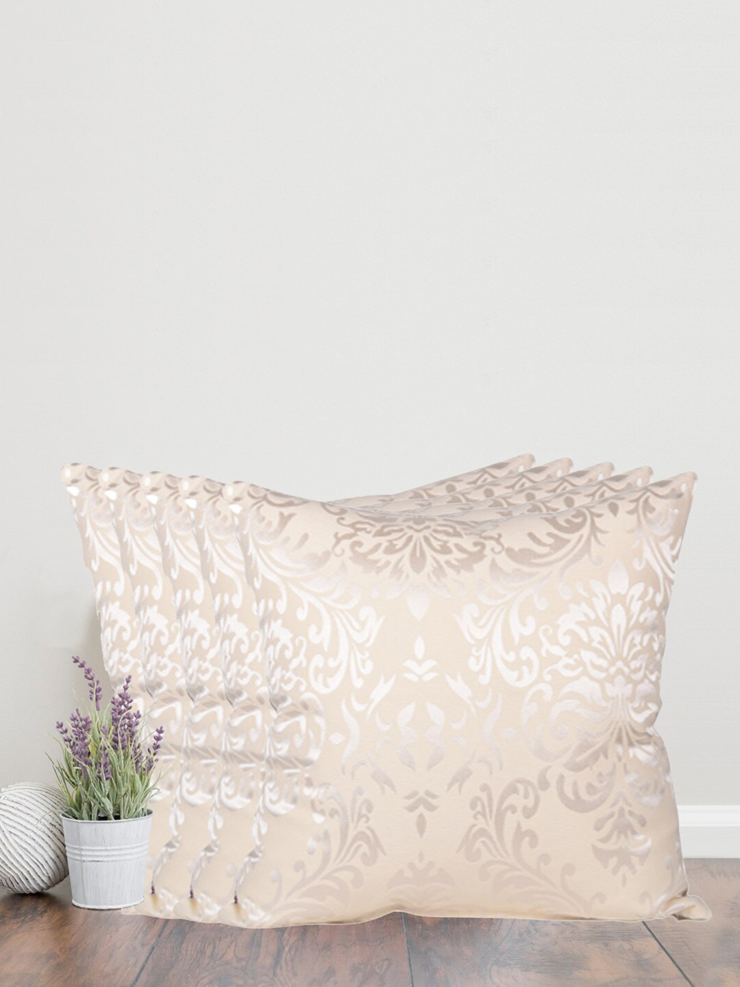 Home Self Design Cream Ethnic Motifs Cotton 5 Piece Square Cushion Covers -24x24In