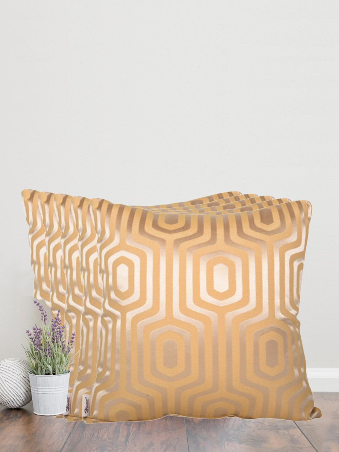 Home Self design Mustard Geometric Cotton Washable 5 Pcs Cushion Covers - 24 x 24 Inches