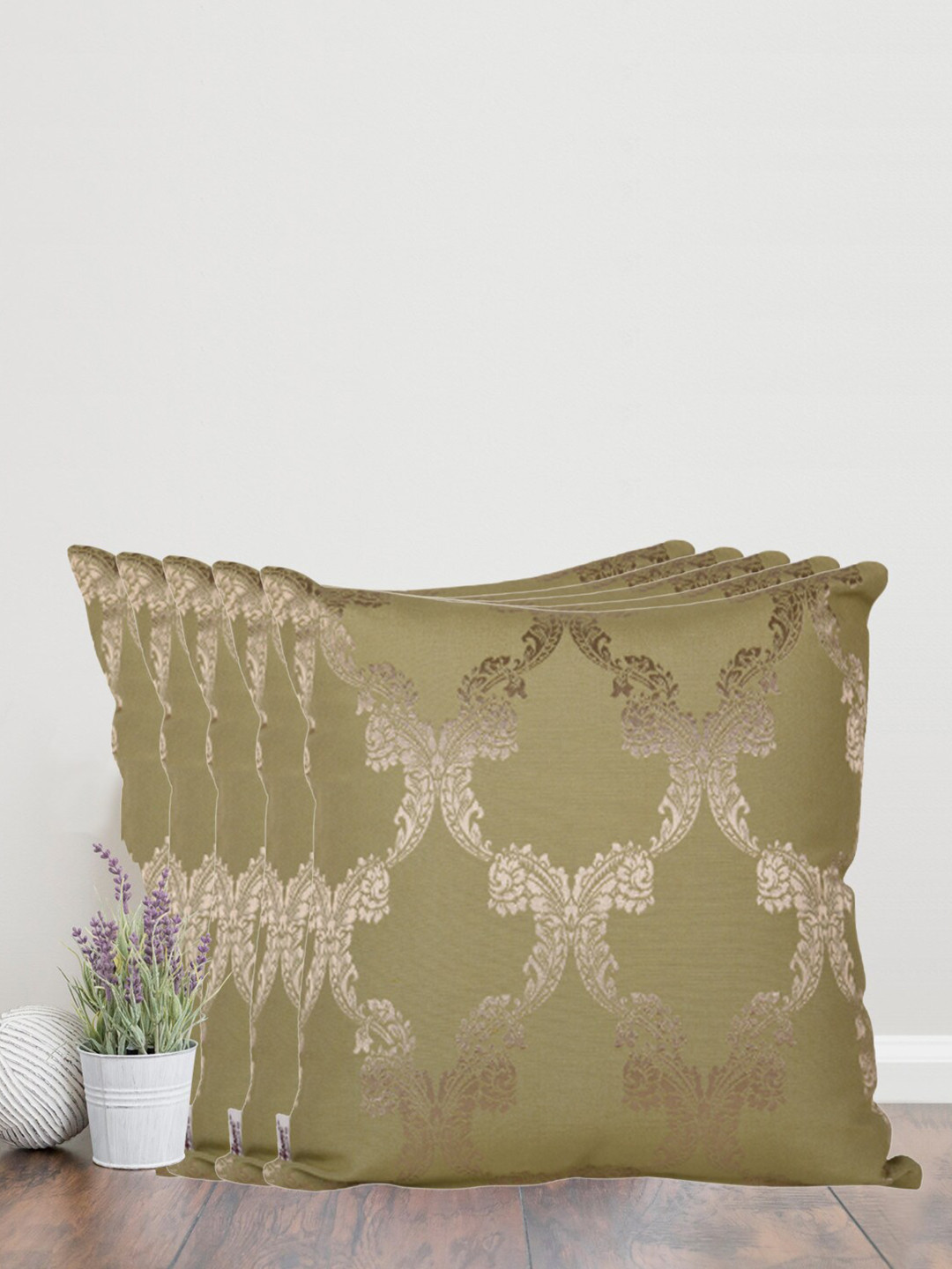 Home Self Design Green Ethnic Motifs Cotton 5 Piece Zari Square Cushion Covers -12x12In