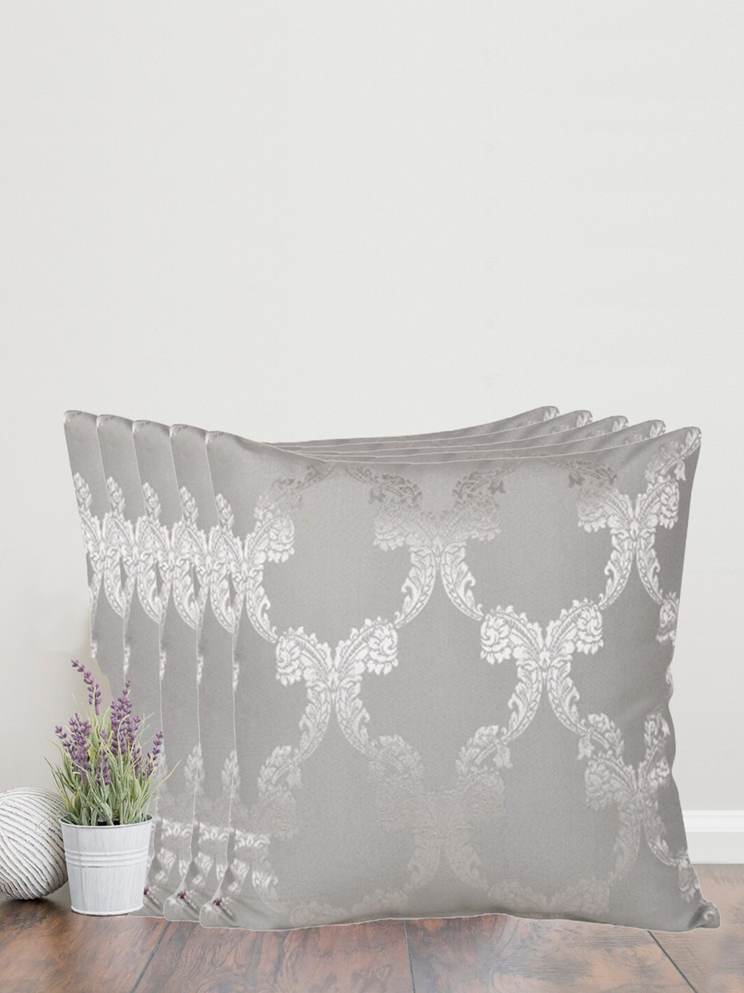 Home Self Design Grey Ethnic Motifs Cotton Washable 5 Piece Square Cushion Covers -26x26In