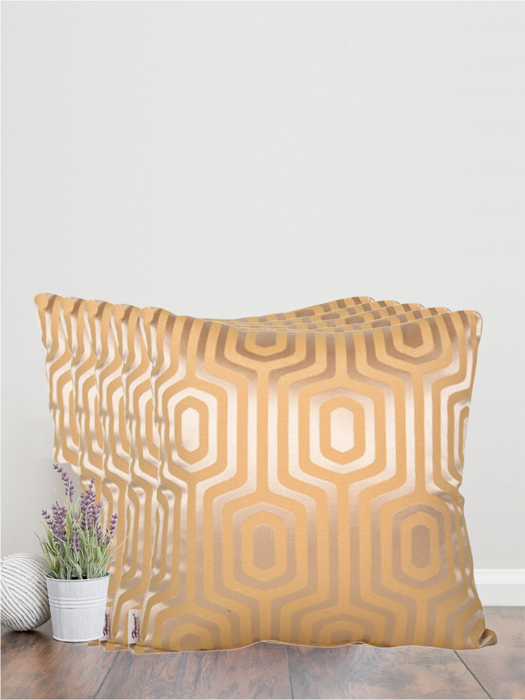 Home Mustard & Gold-Toned Set of 5 Self Design Square Cushion Covers