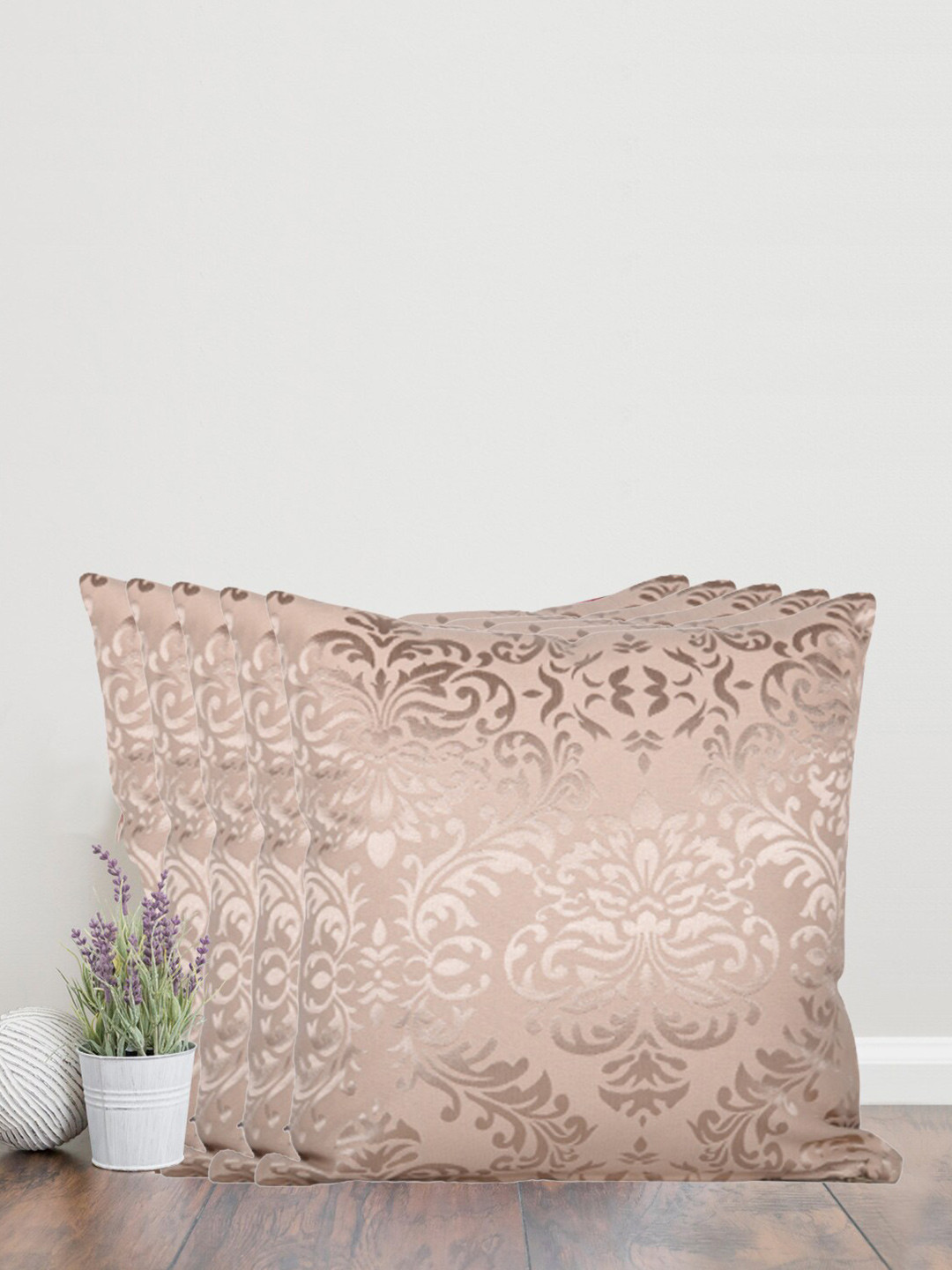 Home Cream Self Design Cotton Breathable 5 Pcs Embellished Cushion Covers - 24 x 24 Inches