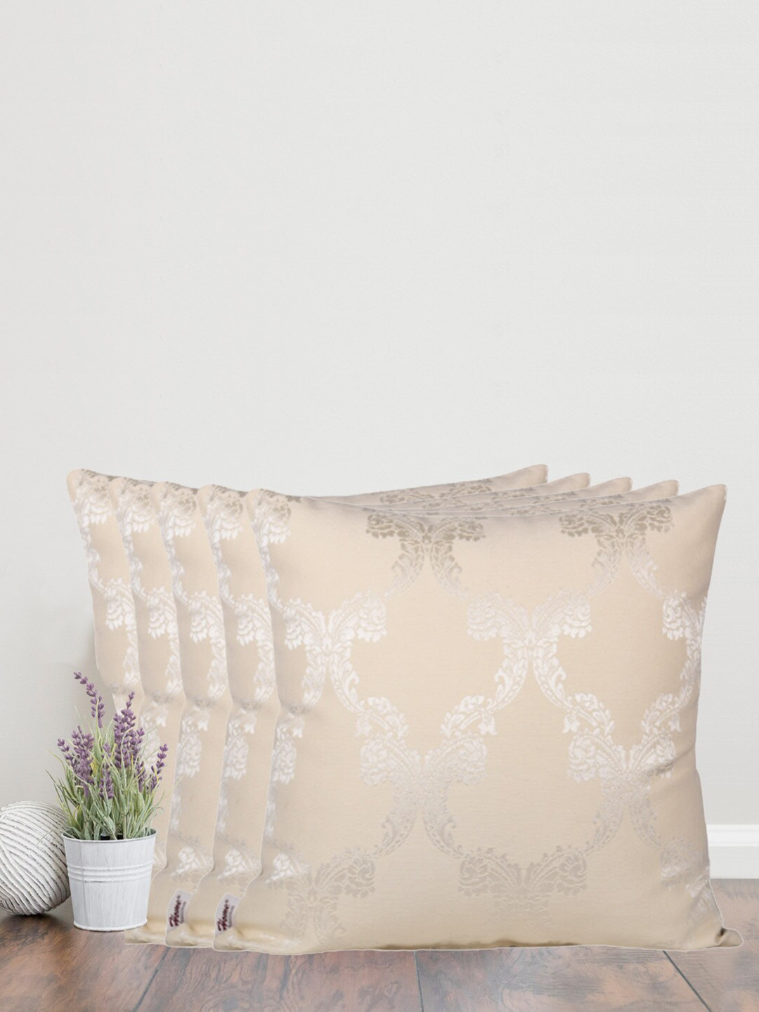 Home Self Design Cream Ethnic Motifs Cotton 5 Piece Square Cushion Covers -24x24In