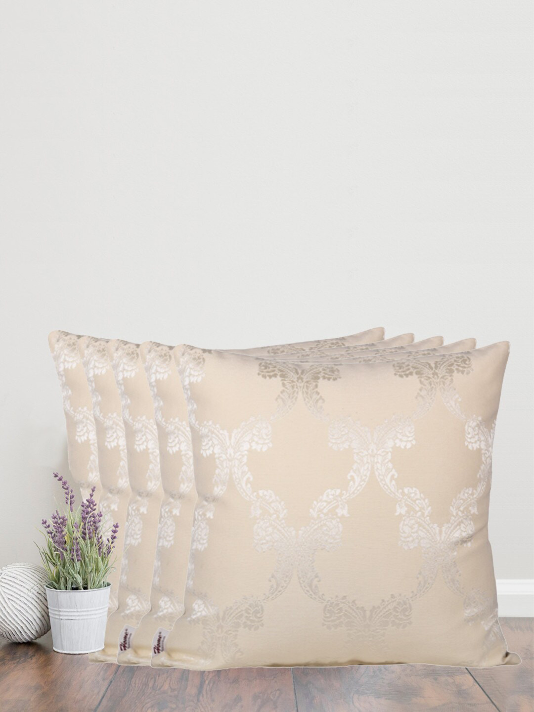 Home Cream Self Design Cotton Breathable 5 Pcs Embellished Cushion Covers - 22 x 22 Inches