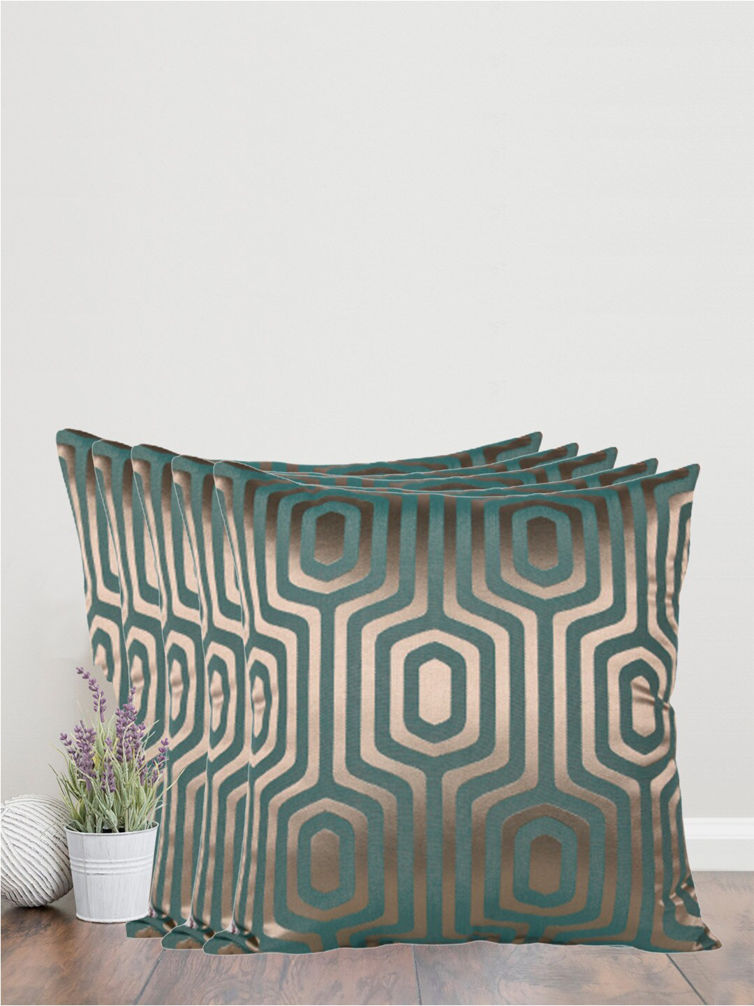 Home Self Design Green Geometric Cotton Breathable 5 Piece Square Cushion Covers -26x26In