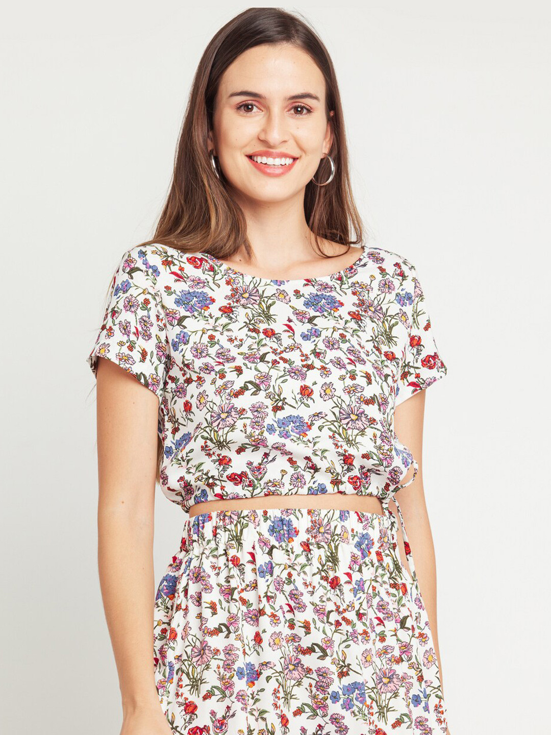 Zink London White & Pink Floral Print Tie-Up Top