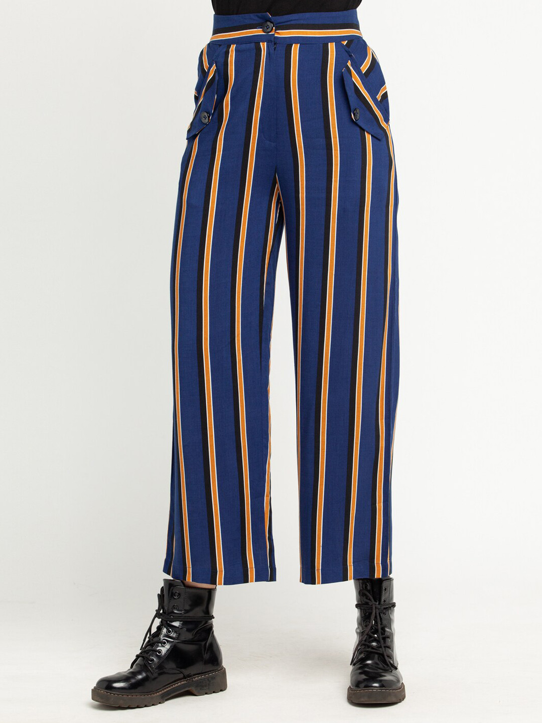 Zink London Women Blue & Mustard Yellow Striped Palazzos