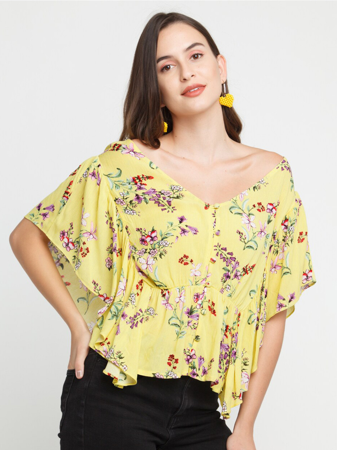 Zink London Yellow & Maroon Floral Print Top