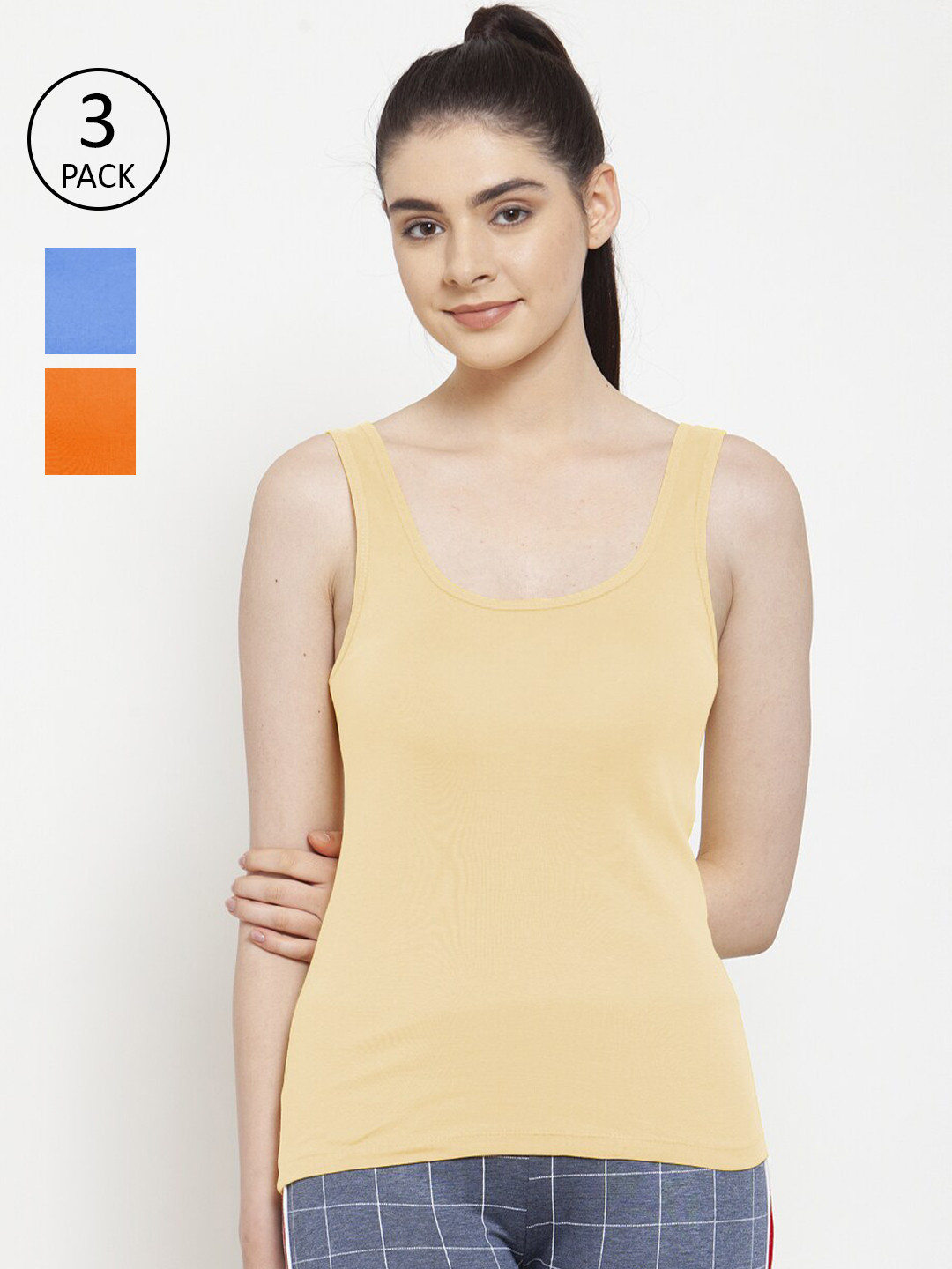 Friskers Pack Of 3 Solid Orange, Beige & Turquoise Blue Regular Fit Cotton Winter Tank Top