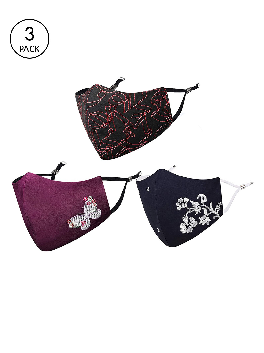 MASQ Pack of 3 Embroidered 4-Ply Reusable Pure Cotton Cloth Masks