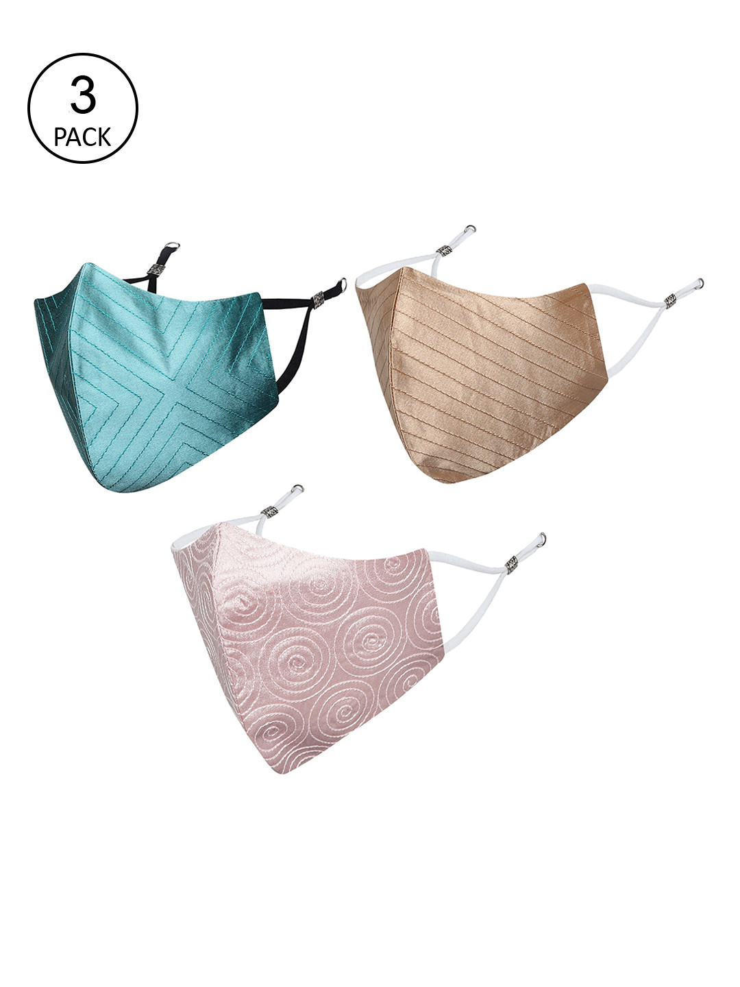 MASQ Pack of 3 Thread Work Detail 4-Ply Reusable Pure Cotton Cloth Masks