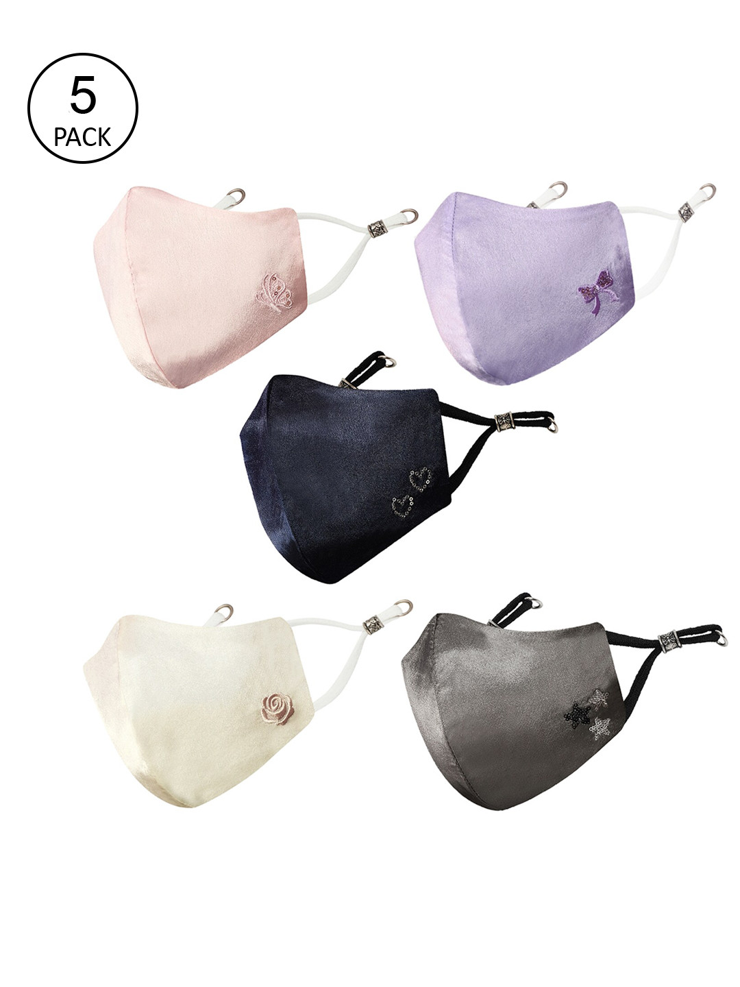MASQ Pack of 5 Solid with Embroidered Detail 4-Ply Reusable Pure Cotton Cloth Masks
