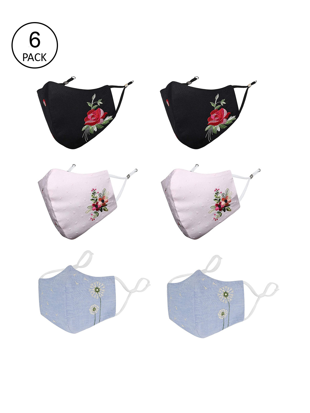 MASQ Women Pack of 6 Embroidered 4-Ply Reusable Pure Cotton Cloth Masks