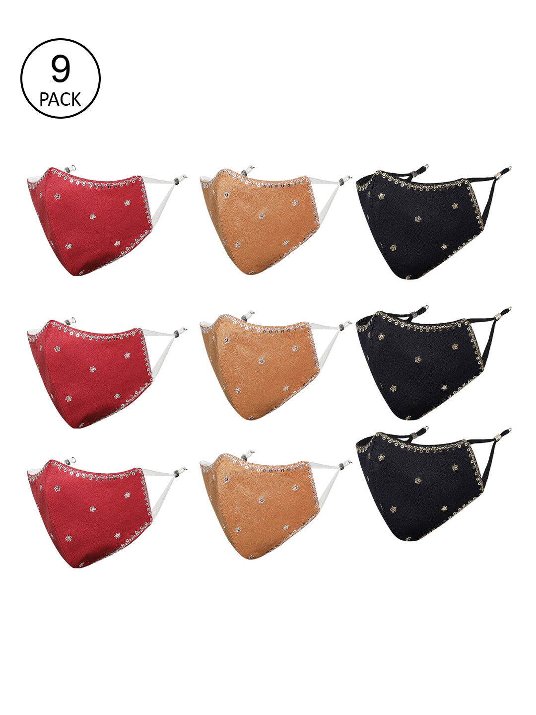 MASQ Pack of 9 Sequinned 4-Ply Reusable Pure Cotton Cloth Masks