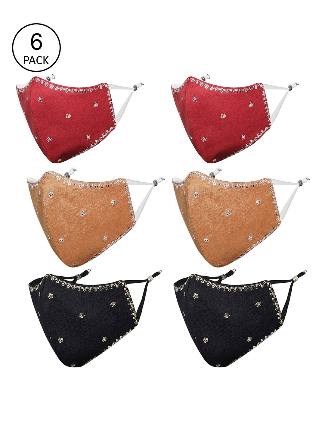 MASQ Pack of 6 Sequinned 4-Ply Reusable Pure Cotton Cloth Masks