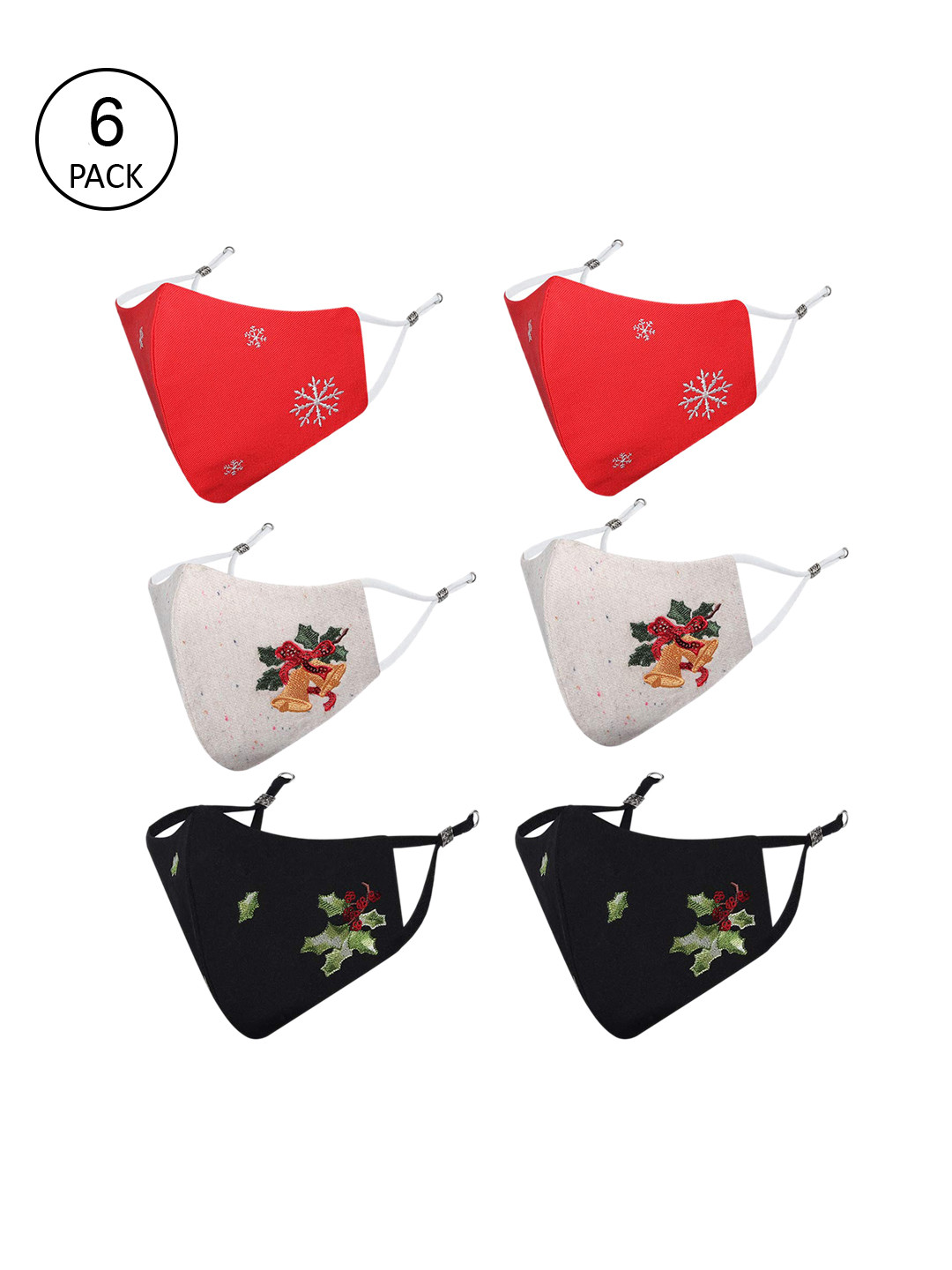 MASQ Women Pack of 6 Embroidered 4-Ply Reusable Pure Cotton Cloth Masks