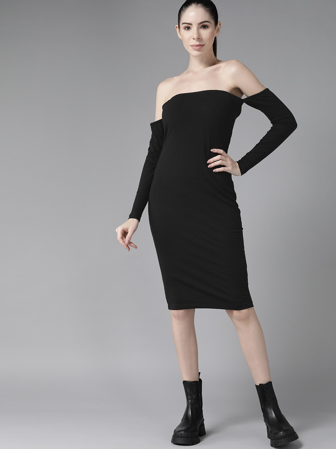 Roadster Black Solid Off-Shoulder Bodycon Dress