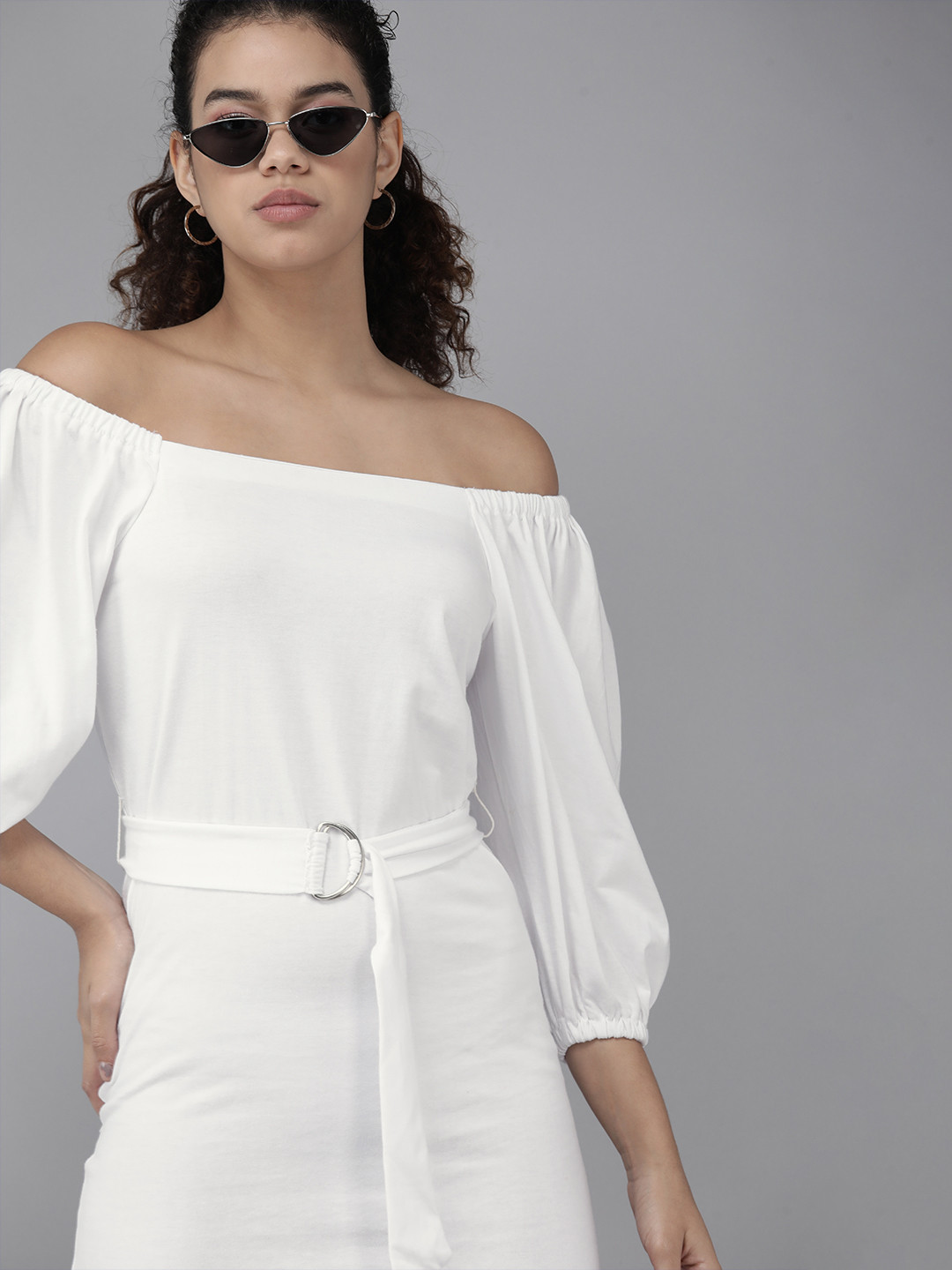 Roadster White Solid Off-Shoulder Sheath Dress