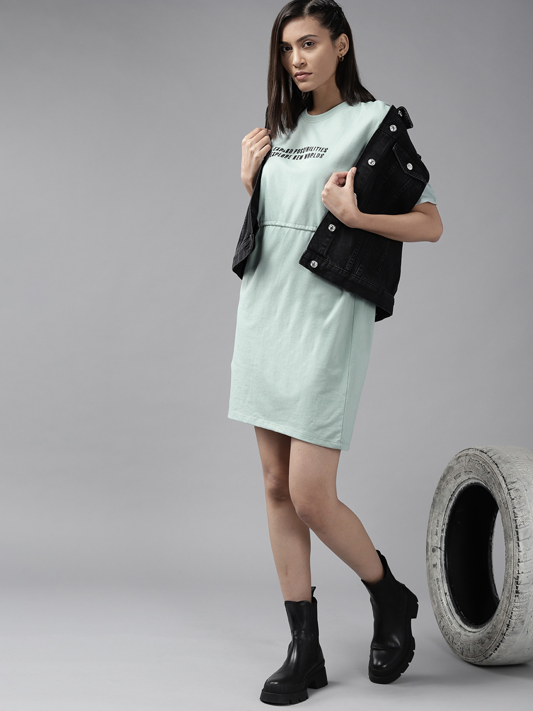 Roadster Blue T-shirt Dress with Draw Cord Detail