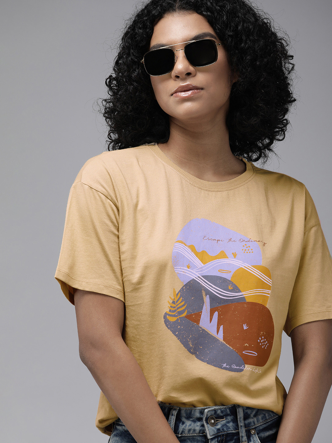 Roadster Women Beige & Brown Graphic Printed Pure Cotton T-shirt